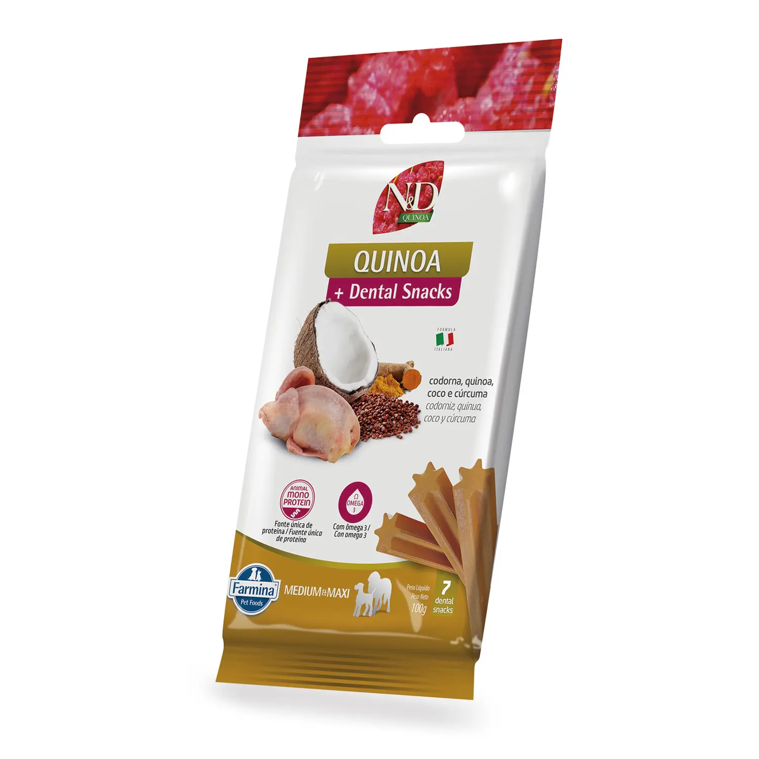 Petisco Dental N&D Quinoa Cães Médios e Grandes Codorna, Quinoa, Coco e Cúrcuma